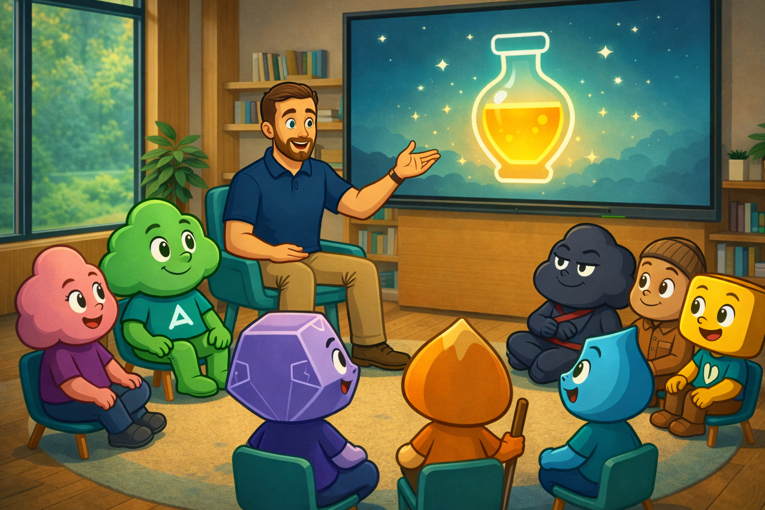 Michael Berezny teaching the Math Quest characters